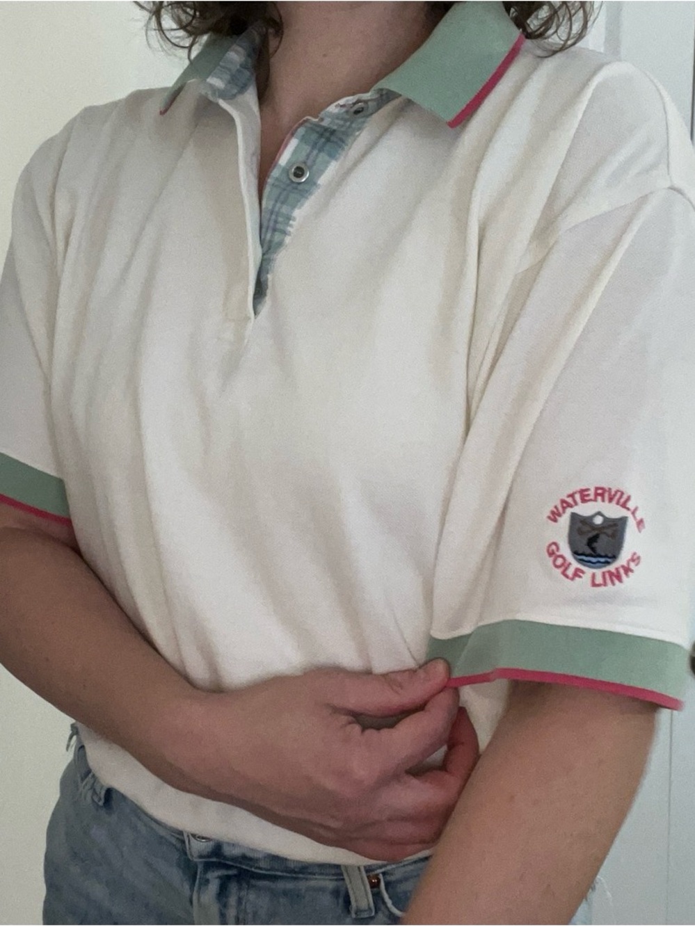 Cream Polo Shirt with plaid Trim, golf course embroidery